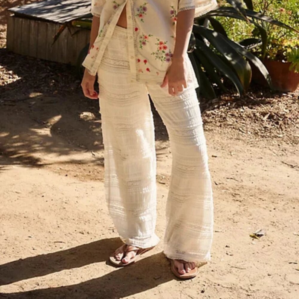 Free People FP One Aiden Lace Pants Drawstring Tiered Mid-Rise S